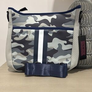 Haute Shore Grey Camouflage Crossbody Bag with Navy Stripe